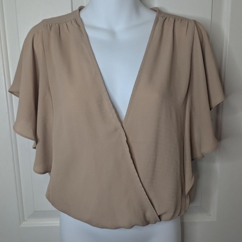 Women's Taupe Wrap Blouse with Flutter Sleeves